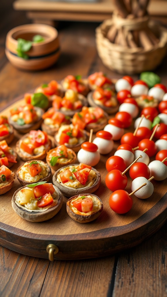 A selection of colorful appetizers including bruschetta, stuffed mushrooms, and caprese skewers on a wooden platter.